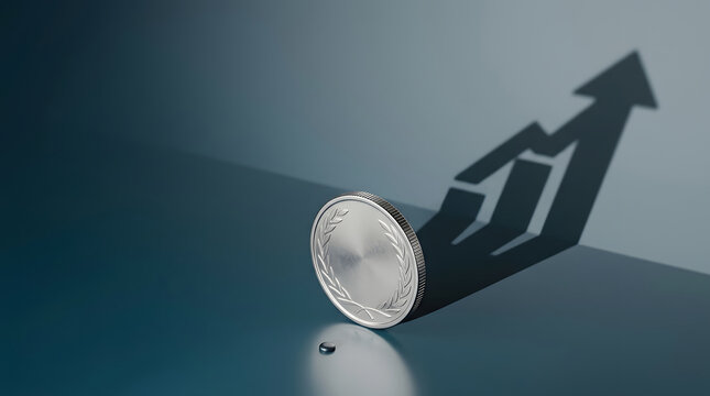 Silver coin, money and growth with shadow for investment, profit increase and financial success. Wealth, currency and progress with chart, upward arrow and savings for economy, bank and trade market.