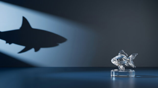 Goldfish, glass and shark shadow on wall for business success, ambition and growth concept. Small animal, crystal and potential in office with leadership, dream and big goals for marketing brand.