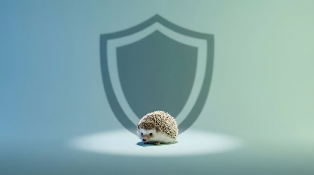 Hedgehog, security and shield for protection, safety and insurance with small animal, spikes and shadow. Concept, defense and coverage for finance, healthcare and risk management policy services