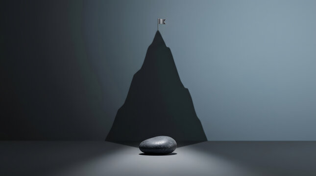 Success, ambition and goal with stone casting mountain shadow for growth, achievement and vision. Leadership, motivation and peak in studio for business strategy, career path and winning future.