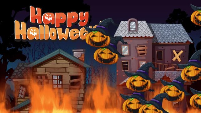 Animated Halloween Greeting with Floating Jack-o-Lanterns and Burning Haunted Houses