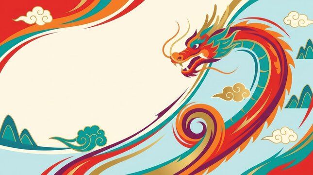Chinese Dragon Illustration with Waves and Clouds for Lunar New Year