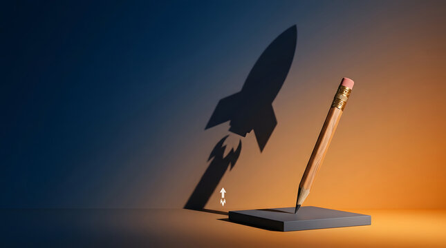 Startup, business success and pencil with rocket shadow for creativity, growth and ambition. Potential, innovation and launch with strategy, planning and professional goals for project start