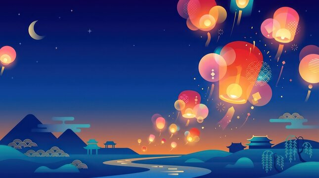 Chinese Lantern Festival Night Landscape Vector Illustration
