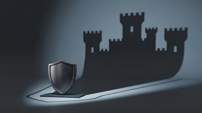 Cybersecurity, shield and shadow of castle for protection, data safety and digital defense. Fortress, strength and insurance with small object, powerful metaphor and secure wall for business growth