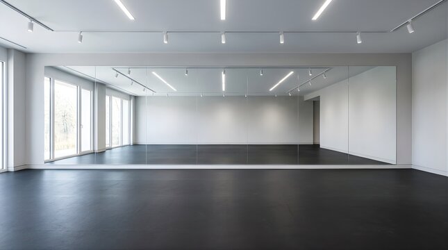 Empty modern dance studio room with large wall mirrors and black floors