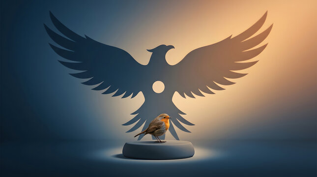 Inner strength, potential and bird with eagle shadow for motivation, growth and leadership. Small robin, avian and ambition on stage for confidence, success and future vision with power and courage