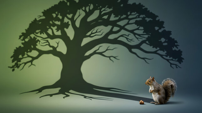 Squirrel, tree and shadow with acorn for nature, animal growth and outdoor behavior. Small rodent, oak and silhouette with environment, ecology and wild life for advertising, marketing and brands.