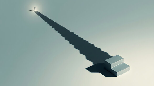 Success, career goal and motivation with staircase shadow for business achievement, future vision and growth strategy. Steps, ambition and leadership with path towards target and hidden potential