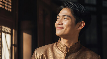 Obraz premium Young Man Smiling in Traditional Gold Outfit Warm Sunlight Indoor