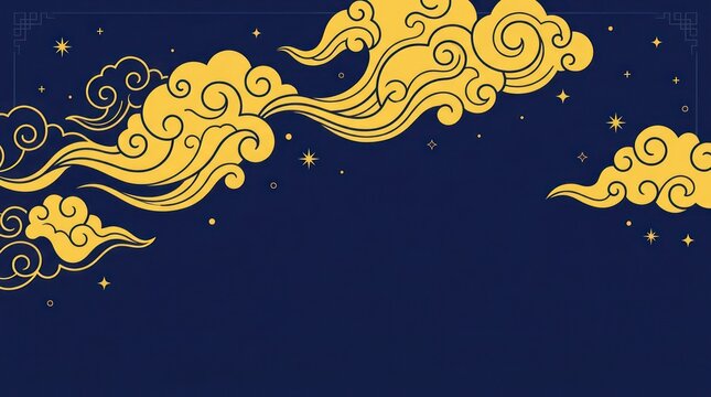 Golden Chinese style clouds on navy blue background with stars