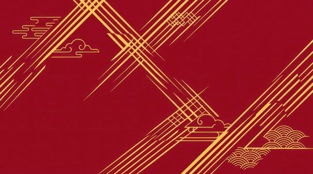 Abstract Red Background with Golden Traditional Chinese Patterns and Lines