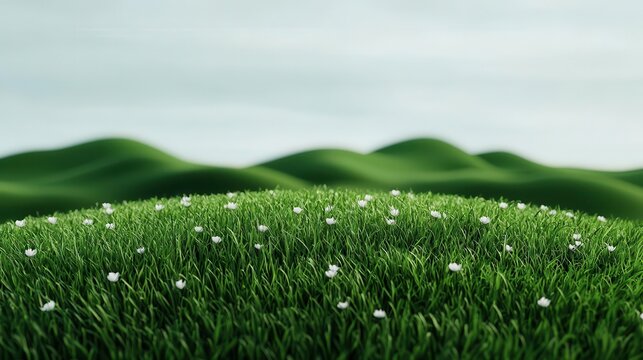 Breezy hillside covered in wildflowers, summer wind rustling through green fields