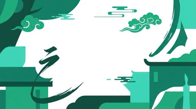 Minimalist Jade Green Asian Background with Traditional Cloud Motifs