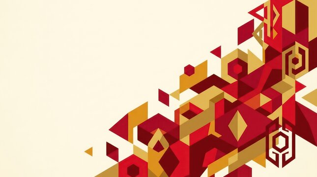 Abstract Geometric Background with Red and Gold Polygons on Cream