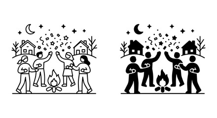 Naklejka premium Celebration Vector Icons: Festive People, Bonfire, Night Sky, Confetti, Houses