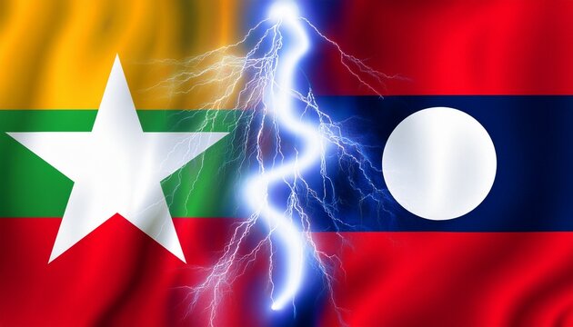 thunder lightning between myanmar flag and laos flag