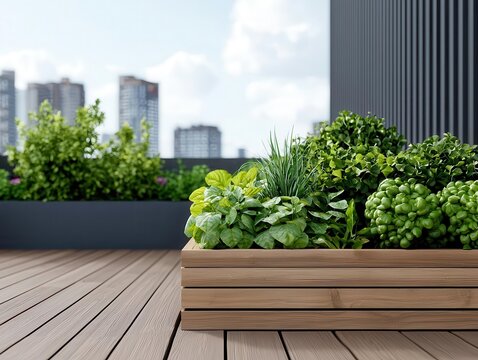 Breezy rooftop garden in summer cityscape, plants rustling in highaltitude wind