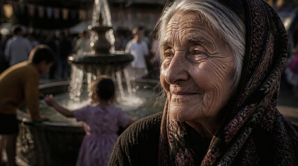 Fototapeta premium Wise Elderly Woman Gazes Out with Gentle Smile in Bustling Town Square