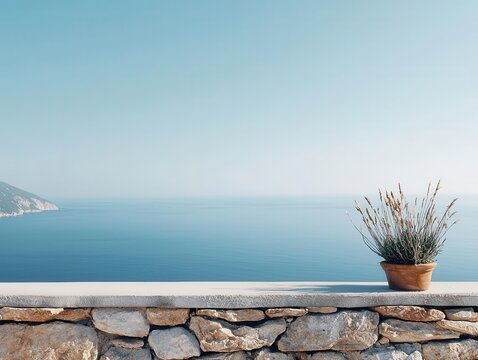 Breezy hillscape overlooking ocean, summer haze blending sky and sea