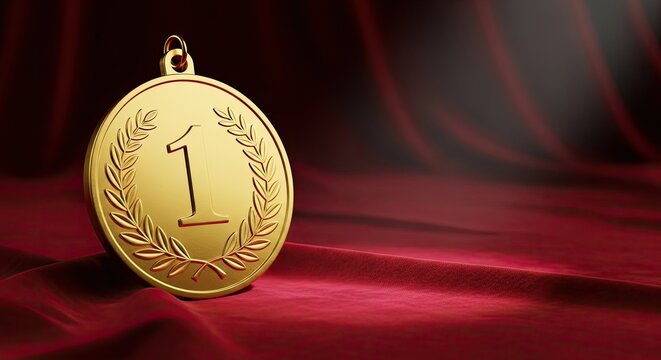 A golden medal with the number one prominently displayed hangs against a rich red velvet background. The medal features a laurel wreath design and a polished surface.