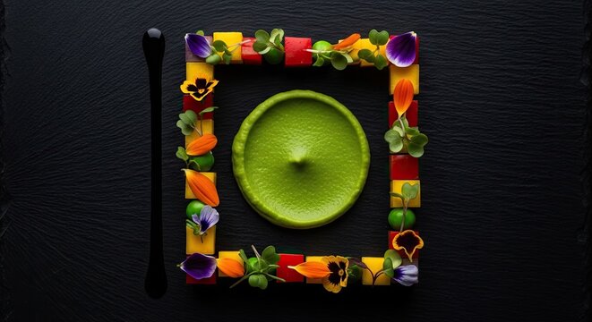 A chef carefully arranges a vibrant green puree on a dark slate plate.