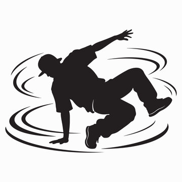 Black and White Vector Silhouette of a Male Break-dancer Performing a Dynamic Freeze pose with Swirling Motion Lines