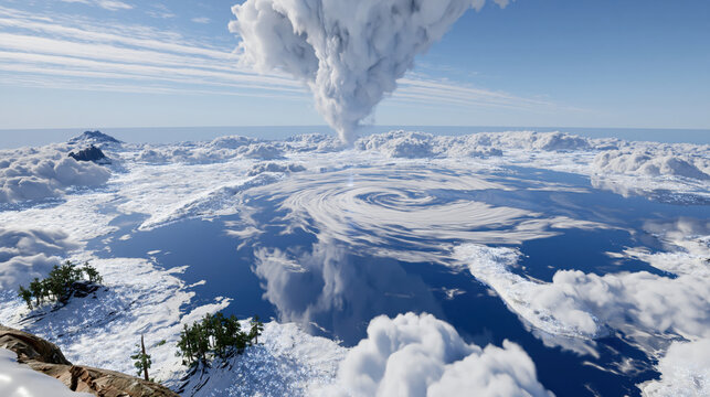 Cloud vortex spiral cloud surreal landscape fantasy sky calm water reflection snow mountain vapor column dramatic scene dreamlike view swirling cloud vortex over calm reflective water and snowy