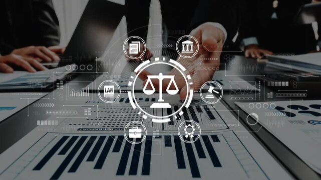 Business professionals analyzing legal documents with icons representing law, justice, and technology in a modern workspace environment. Entropy.