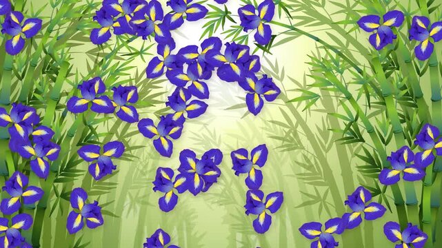 Animated Purple Iris Flowers Falling Through Green Bamboo Forest Background