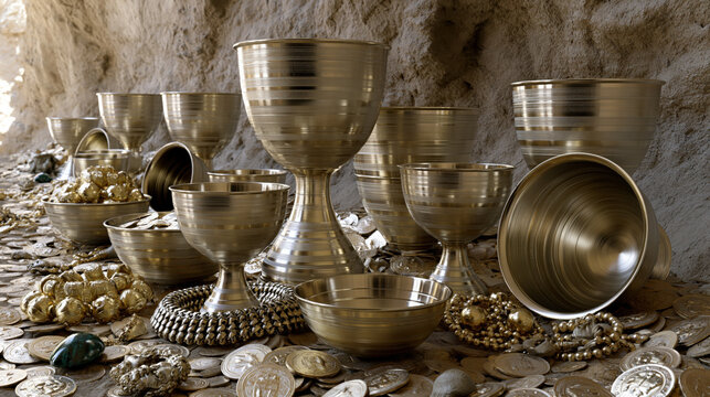 Gold treasure ancient cup metal goblet golden bowl cave hoard shiny coin jewelry pile precious metal pirate loot fantasy relic glittering Ancient gold treasure with metal goblet and golden bowl