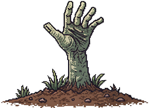 Giant zombie hand emerging from the ground, 8-bit pixel art
