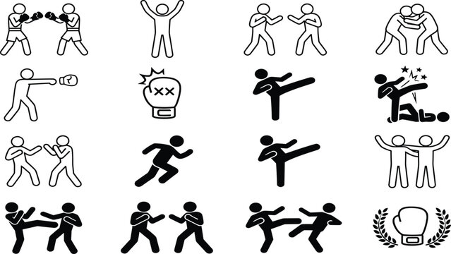 Martial arts and boxing combat sports stick figures set featuring sparring fighters kicking punching training moves vector
