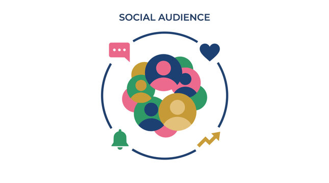 Social media audience, target market and customer group for digital engagement, community growth and network reach. Consumer insights, brand followers and analytics with online interaction set.