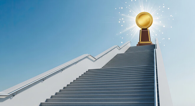 A gleaming golden trophy sits atop a grand staircase, bathed in a radiant light. The staircase ascends towards a bright blue sky filled with sparkling stars.