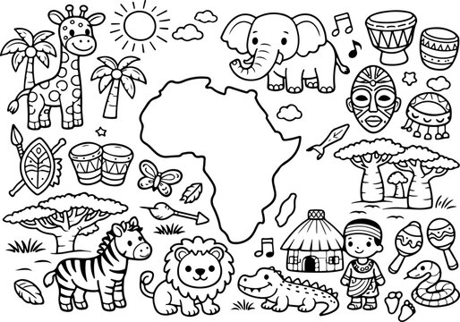 Dibujo animado del continente africano, ilustraci&oacute;n lineal dibujada a mano, p&aacute;gina para colorear para ni&ntilde;os