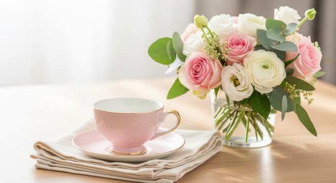 A delicate floral arrangement sits on a wooden table next to a vintage teacup and saucer. The flowers are primarily pink and white roses and ranunculus, accented with eucalyptus greenery.