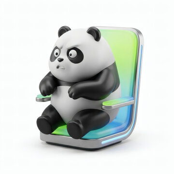 Anxious chubby panda vinyl toy squeezed inside a tiny neon office chair, representing burnout, overtime stress, and funny workplace humor concept, 3D render, generative AI