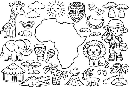 Dibujo animado del continente africano, ilustraci&oacute;n lineal dibujada a mano, p&aacute;gina para colorear para ni&ntilde;os