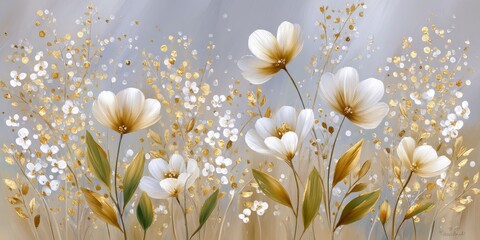 Fototapeta premium Abstract oil painting with beige and white tones, gold accents, delicate flowers, soft brushstrokes, gentle gradient background, evoking tranquility, elegance, and artistic luxury