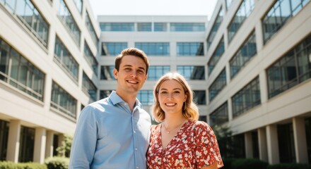 Fototapeta premium A man and a woman standing in front of a modern office building.