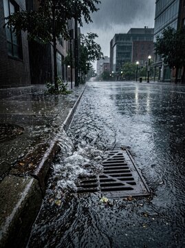 Heavy rain downpour flooding a city street gutter and storm drain with flooding downpour precipitation infrastructure overflow stormwater environment building drainage