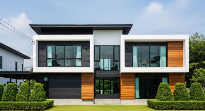 A modern, two-story house with black and white accents, featuring large glass windows and a green roof.