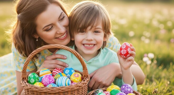 A mother and son holding a basket of colorful Easter eggs in a grassy field.