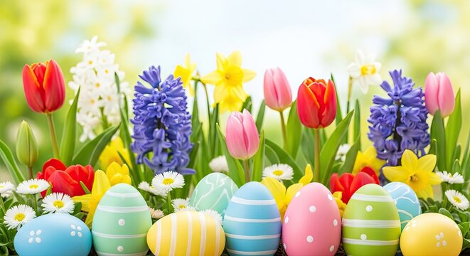 A vibrant display of colorful Easter eggs and flowers in a garden setting.