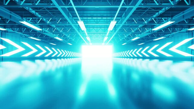 Industrial factory entrance door with neon light, 3d rendering.