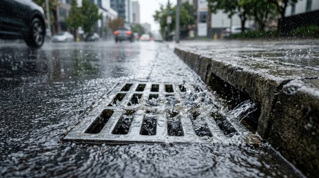 Rainwater splashing into a roadside drain during a heavy storm with precipitation infrastructure stormwater overflow environment drainage drainpipe roadside downpour