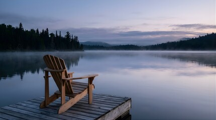 Naklejka premium Wooden chair on a wooden dock overlooking a foggy lake at dawn