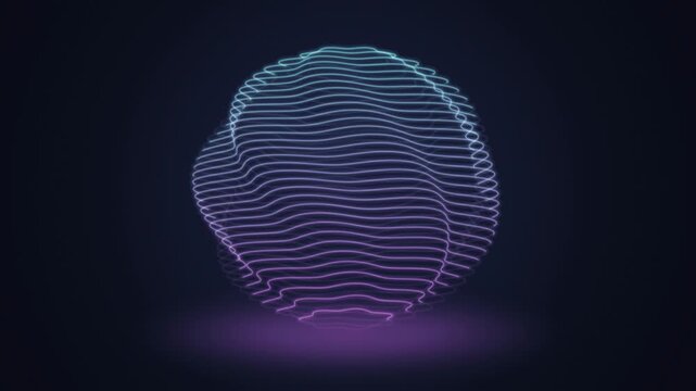 A digital sphere of wavy contour lines rotates in a seamless loop