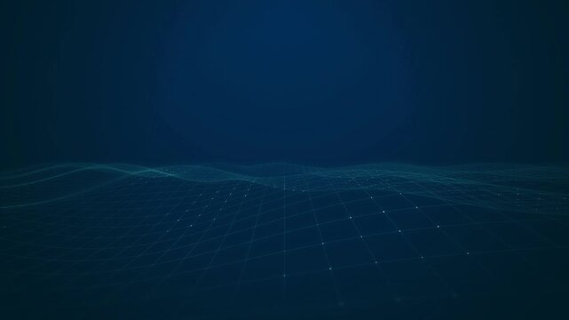 A digital wireframe grid undulating in a seamless loop